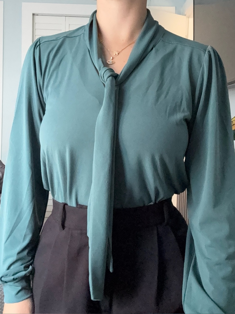 Ann Taylor Teal Tie-Neck Long Sleeve Blouse